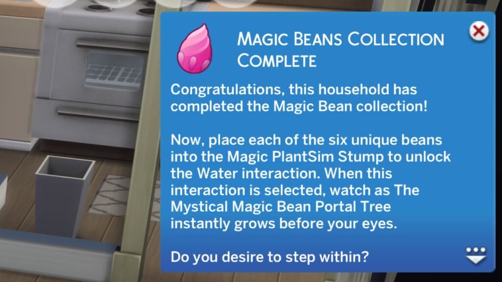 A screenshot from The Sims 4 showing the notification you get from collecting all the magic beans