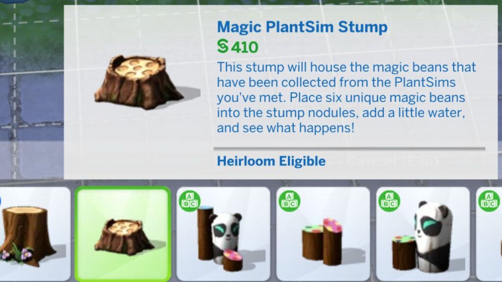 A screenshot from The Sims 4 showing the build mode listing for the Magic PlantSim Stump