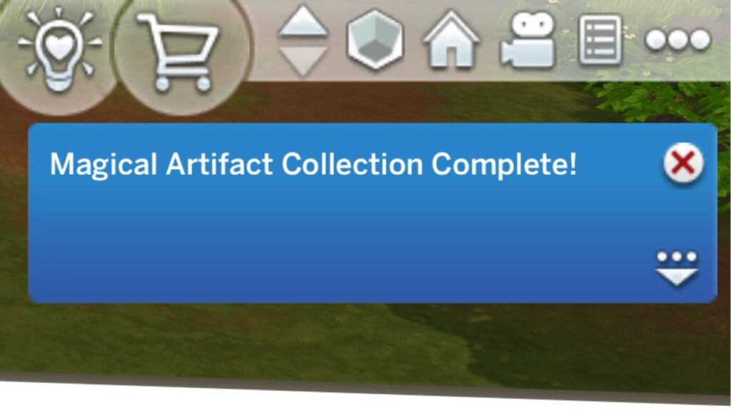 A screenshot from The Sims 4 showing the notification you get after finishing the magical artifacts collection