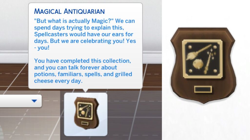 A screenshot from The Sims 4 showing the Magical Antiquarian plaque