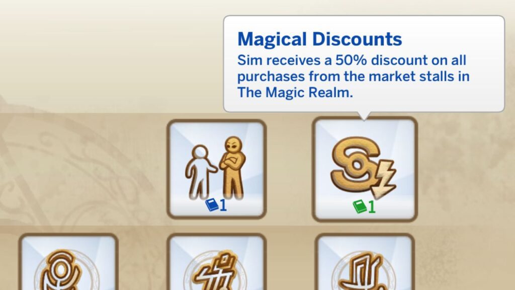 A screenshot from The Sims 4 showing the Magical Discounts spellcaster perk