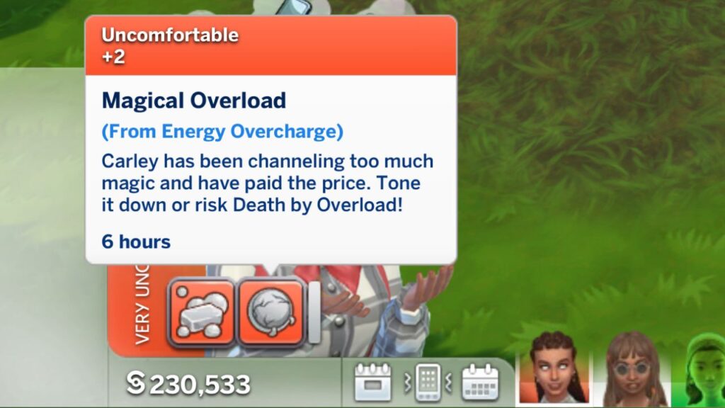 A screenshot from The Sims 4 showing a +2 uncomfortable magical overload moodlet 