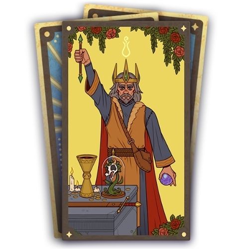 A set of three cards, the bottom two are face down. The top card has a magician holding a wand up and holding an orb 