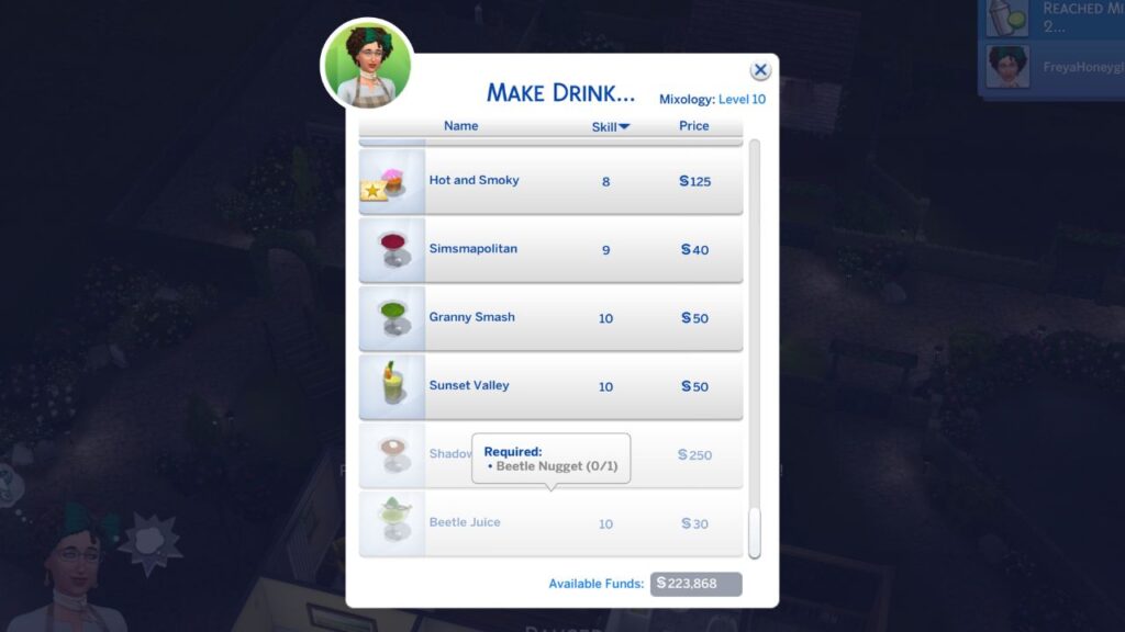 A screenshot from The Sims 4 showing the requires for making a beetle juice drink on a bar 
