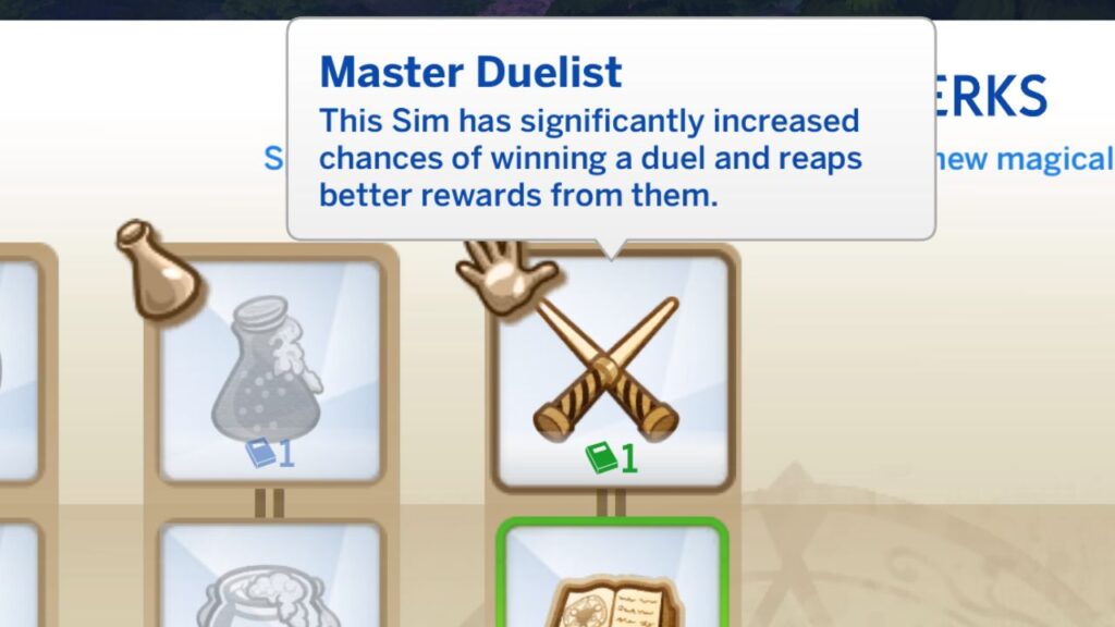 A screenshot from The Sims 4 showing the master duelist perk