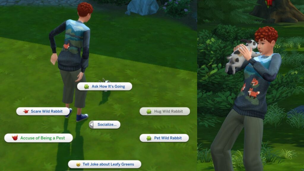 A screenshot from The Sims 4 showing the mean interactions for a rabbit and a sim being attacked by one 