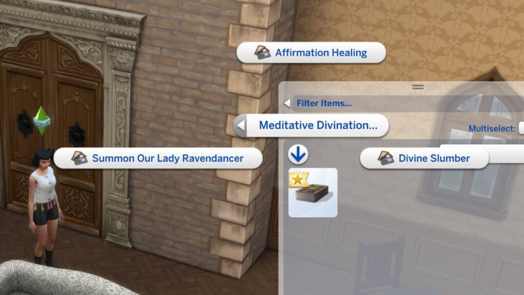 A screenshot from The Sims 4 showing the meditative divination options on a tarot deck