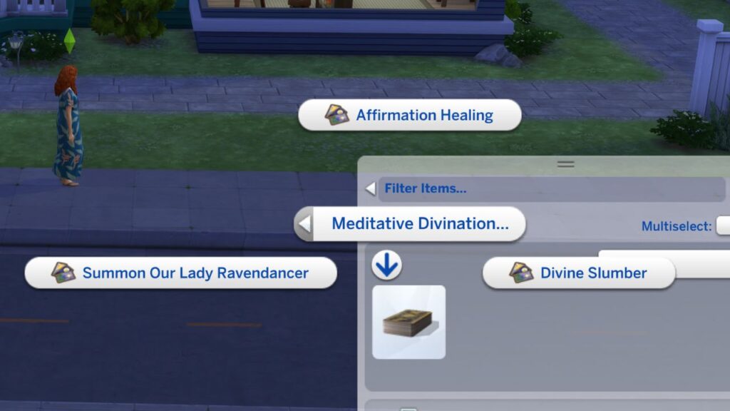 A screenshot from The Sims 4 showing the options for meditative divination on a tarot deck 