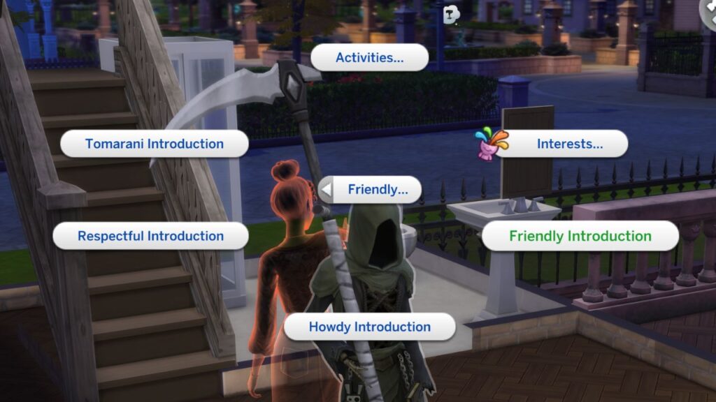 A screenshot from The Sims 4 showing how to meet the grim reaper with a friendly introduction 