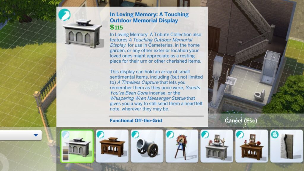 A screenshot from The Sims 4 showing the build mode catalog item for A Touching Outdoor Memorial Display
