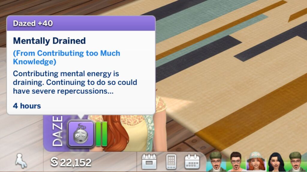 A screenshot from The Sims 4 showing the +40 Dazed Mentally Drained Trait 