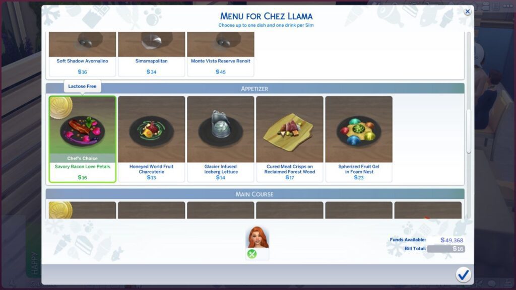 A screenshot from The Sims 4 showing the menu options for Chez Llama