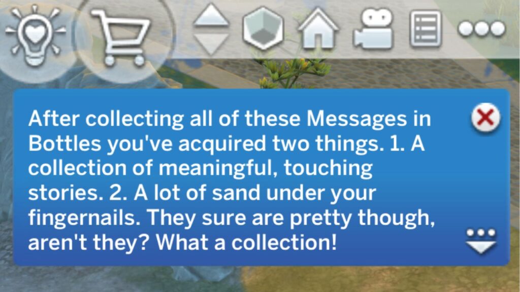 A screenshot from The Sims 4 showing the notification from finishing the messages in bottle collection