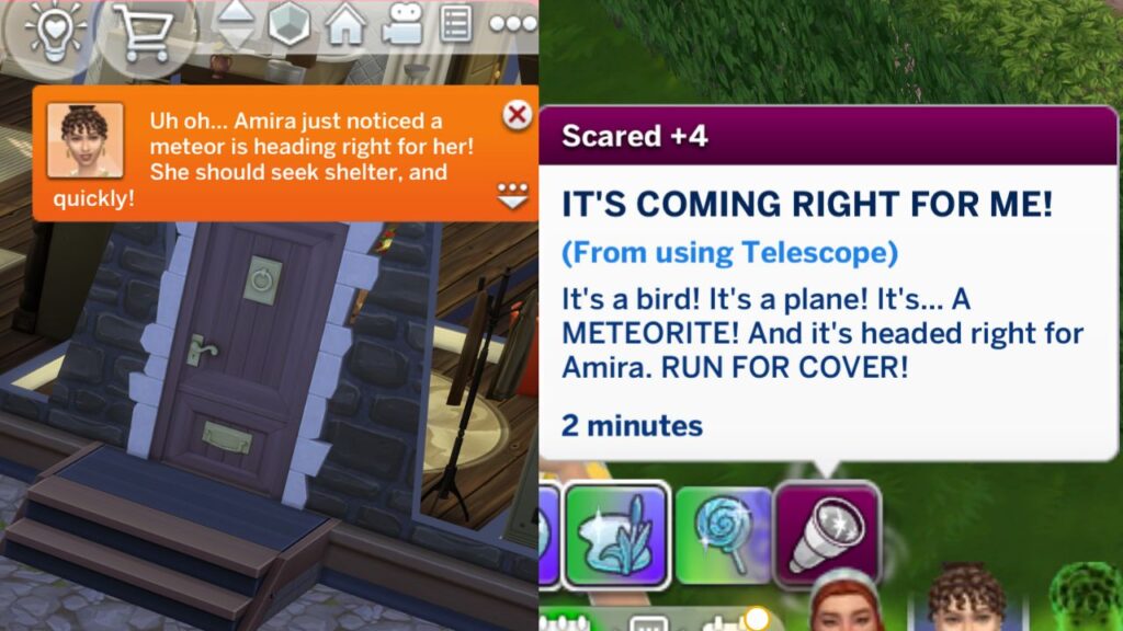 A screenshot from The Sims 4 showing the moodlet and notification warning of a meteor death 