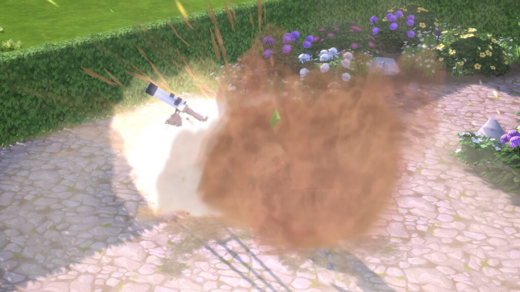 A screenshot from The Sims 4 showing a sim being struck by a meteor 
