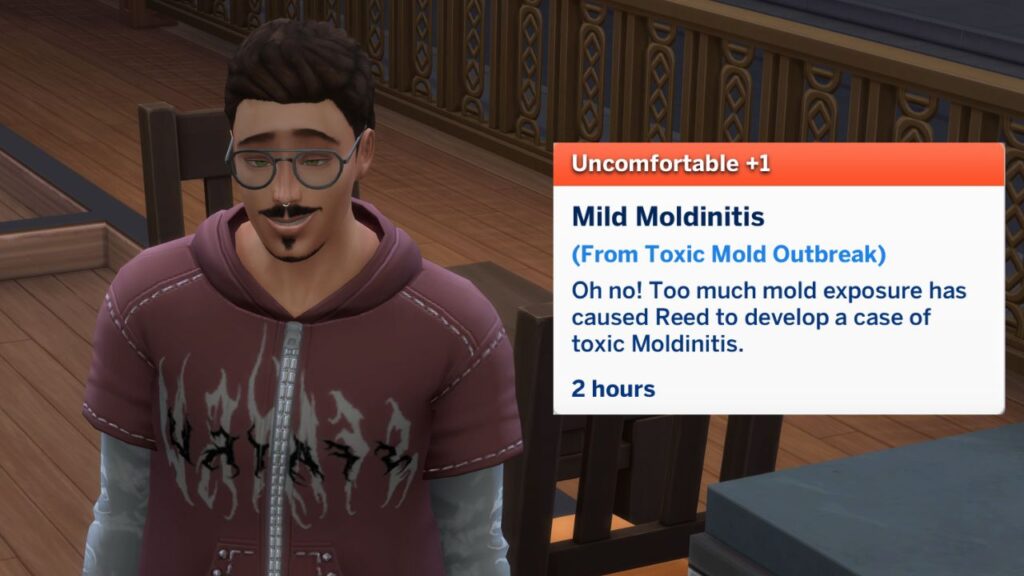 A screenshot from the sims 4 showing a sim looking dazed with a +1 uncomfortable mild moldinitis moodlet 