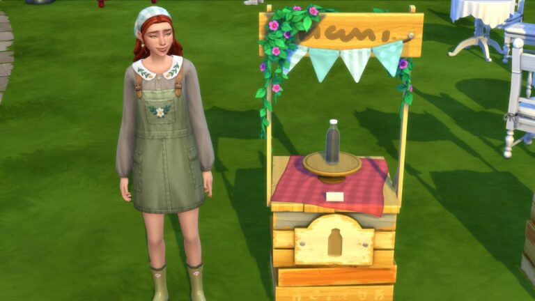 A screenshot from The Sims 4 showing a sim standing next to their milk entry at the fair