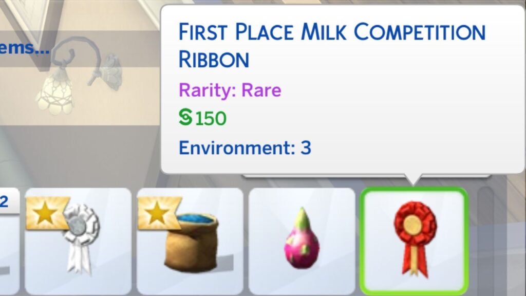 A screenshot from The Sims 4 showing a first place milk competition ribbon in a sim's inventory 