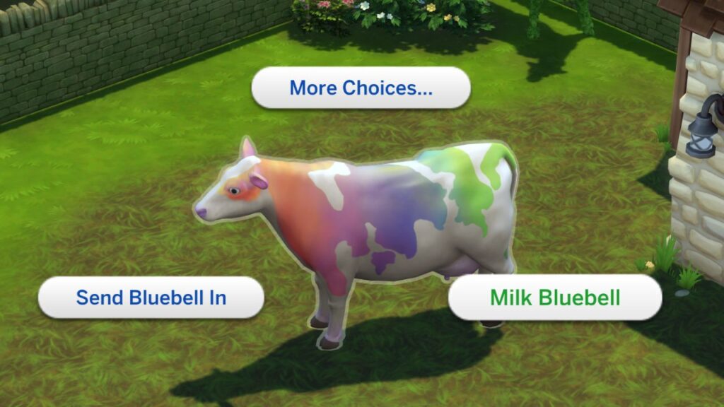 A screenshot from The Sims 4 showing how to milk a rainbow cow