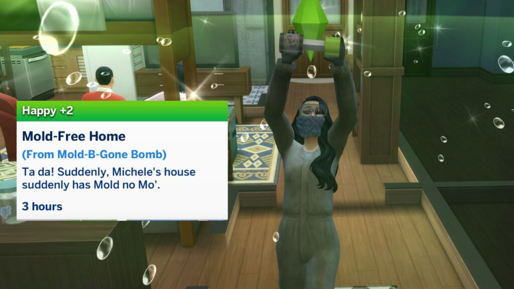 A screenshot from the sims 4 showing a sim using a mold-b-gone bomb 