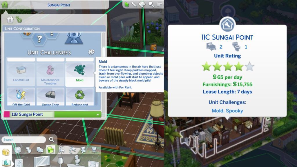 A screenshot from the sims 4 showing the mold lot challenge and 11C Sungai Point lot 