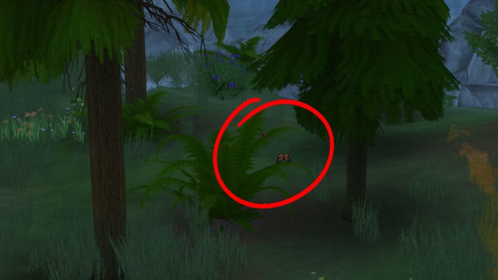A screenshot from The Sims 4 showing two trees with monarch butterflies circled between them