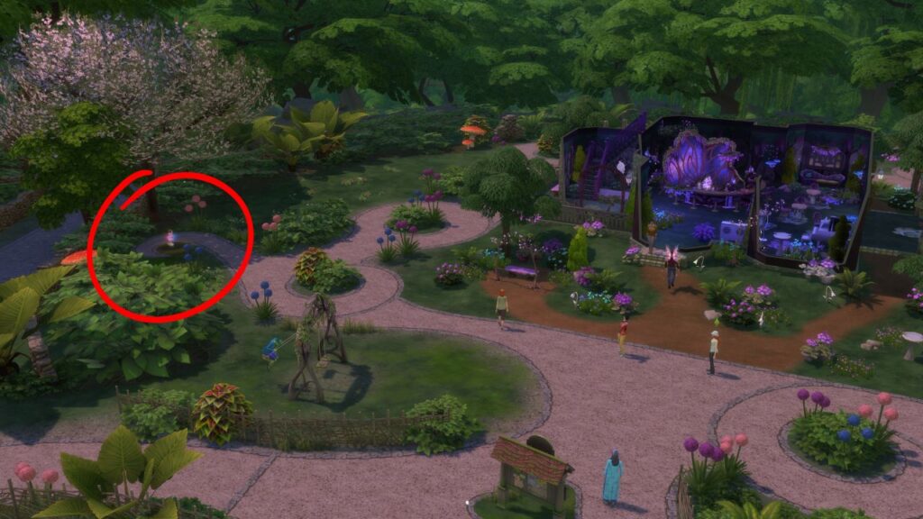 A screenshot from The Sims 4 showing where to find a moody shrub in everdew