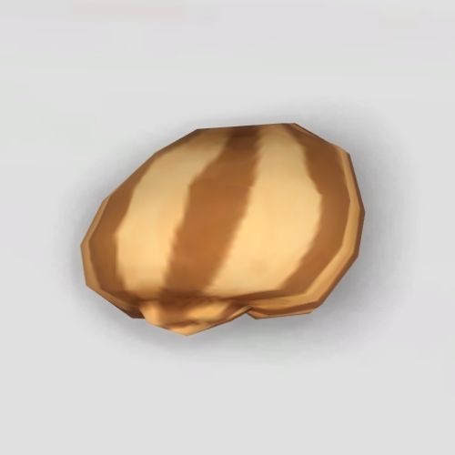 A screenshot from The Sims 4 showing a grey background and a brown and yellow moon snail shell 