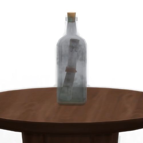 A screenshot from The Sims 4 showing a wooden table with a square base dirty glass bottle on top
