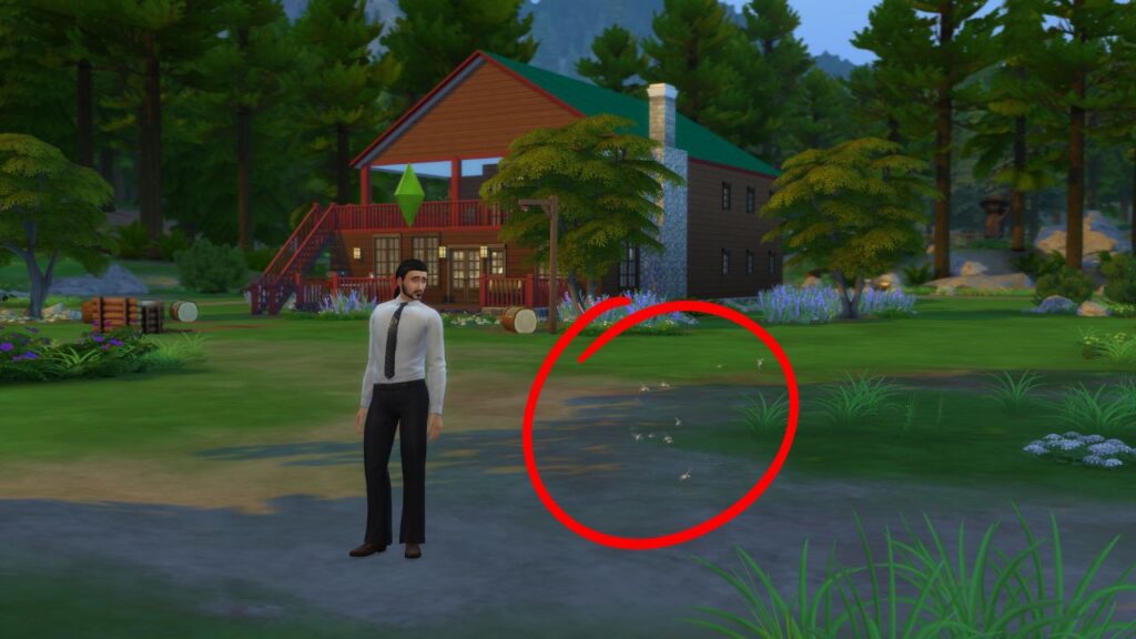 A screenshot from The Sims 4 showing a sim standing next to a swarm of mosquitos that are circled