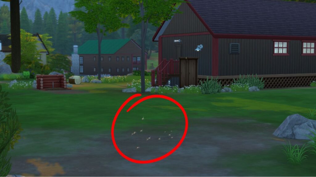 A screenshot from The Sims 4 showing two rental lots with a swarm of mosquitos circled in front