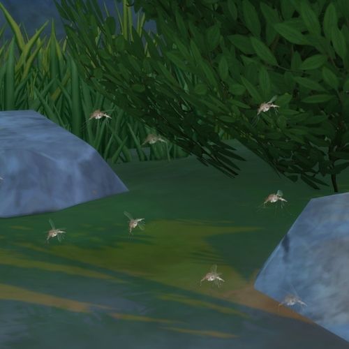 A screenshot from The Sims 4 showing a swarm of mosquitos