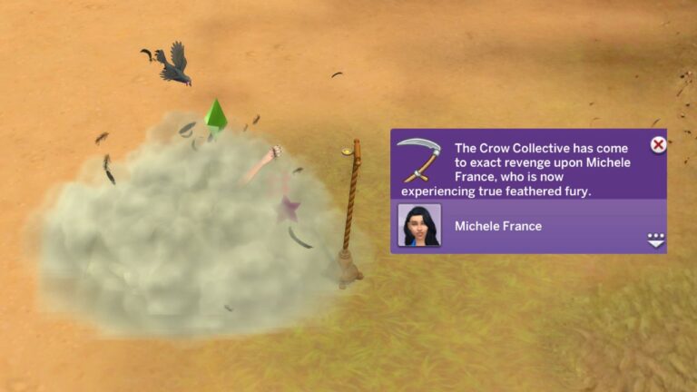 A screenshot from The Sims 4 showing a crow attacking a sim on the ground