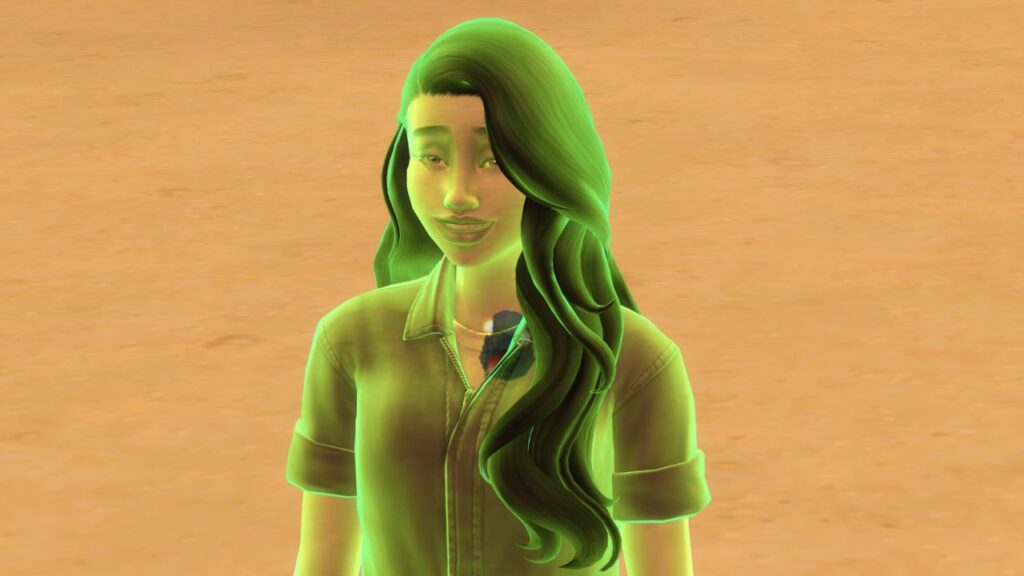 A screenshot from The Sims 4 showing a green ghost with a crow in its chest 