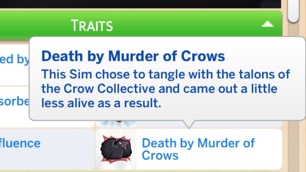 A screenshot from The Sims 4 showing the death by murder of crows trait 
