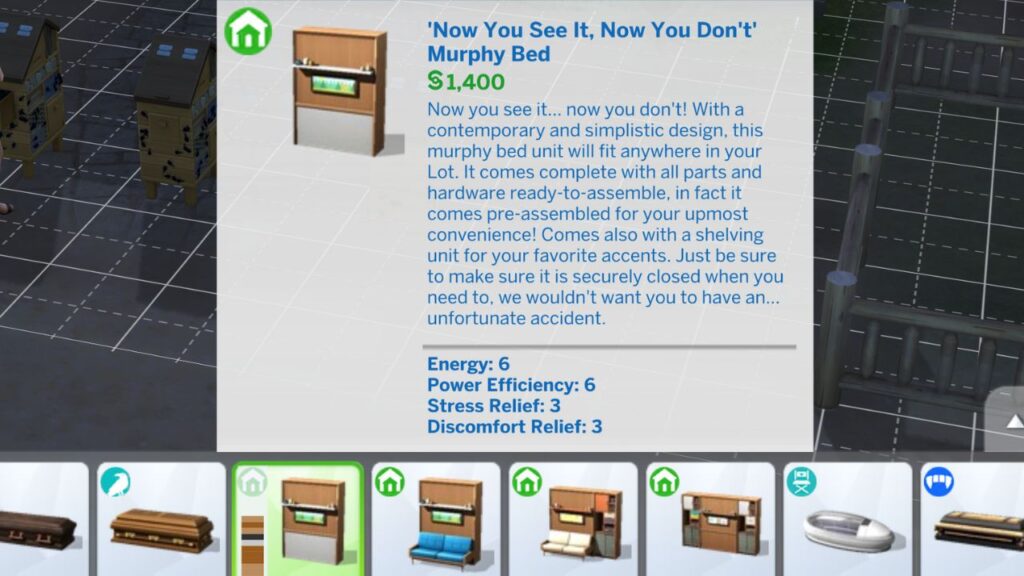 A screenshot from The Sims 4 showing the "Now You See It, Now You Don't Murphy Bed" in build mode 