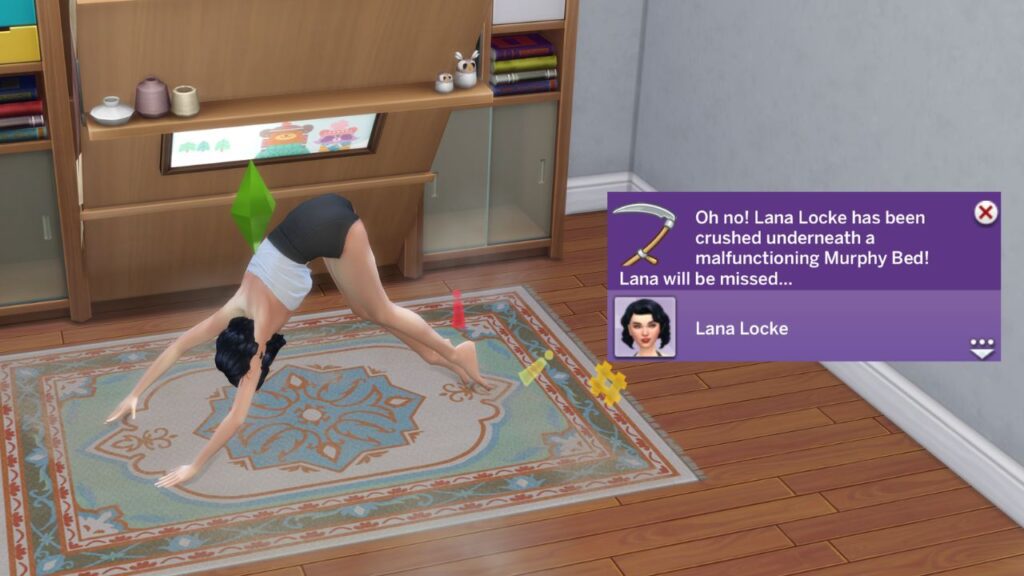 A screenshot from The Sims 4 showing the murphy bed death