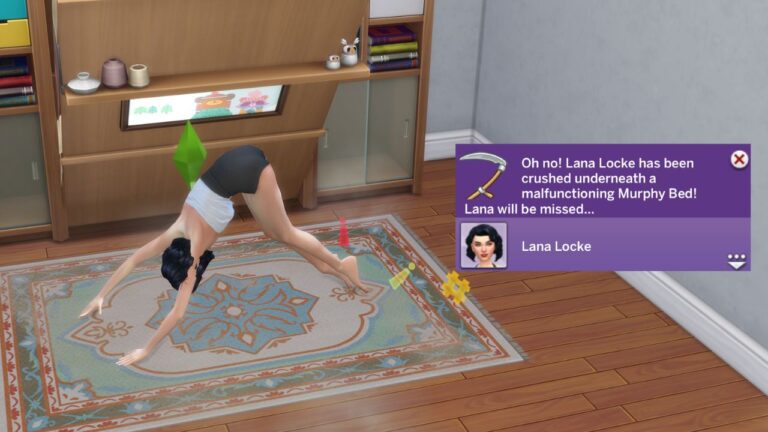 A screenshot from The Sims 4 showing the murphy bed death