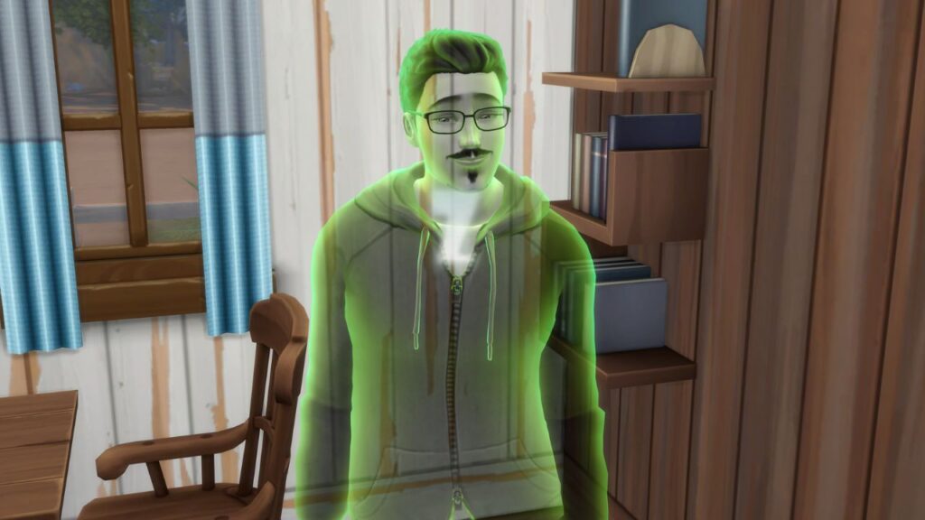 A screenshot from The Sims 4 showing a green ghost with a large white Z in their chest 