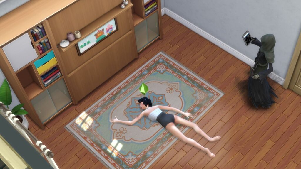 A screenshot from The Sims 4 showing the Grim Reaper coming for a sim crushed by a Murphy Bed