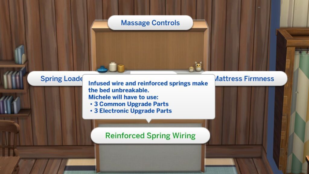 A screenshot from The Sims 4 showing the reinforced spring wiring upgrade for a Murphy Bed 