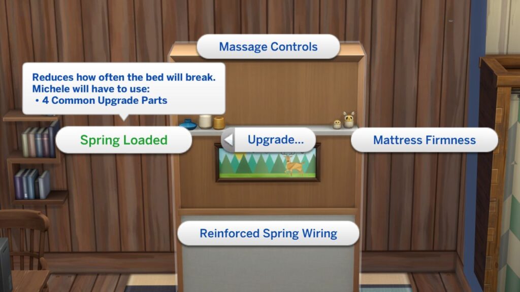A screenshot from The Sims 4 showing the spring loaded upgrade for a Murphy Bed 