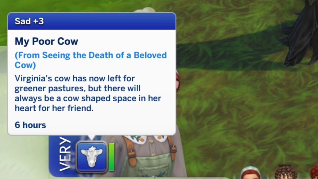 A screenshot from The Sims 4 showing the moodlet sims get when their cow dies