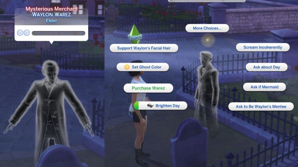 A screenshot from The Sims 4 showing the mysterious merchant