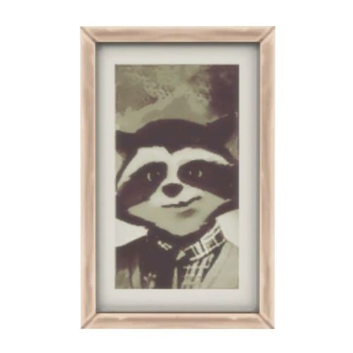 A screenshot from The Sims 4 showing a piece of art with an antique style of a racoon in sepia