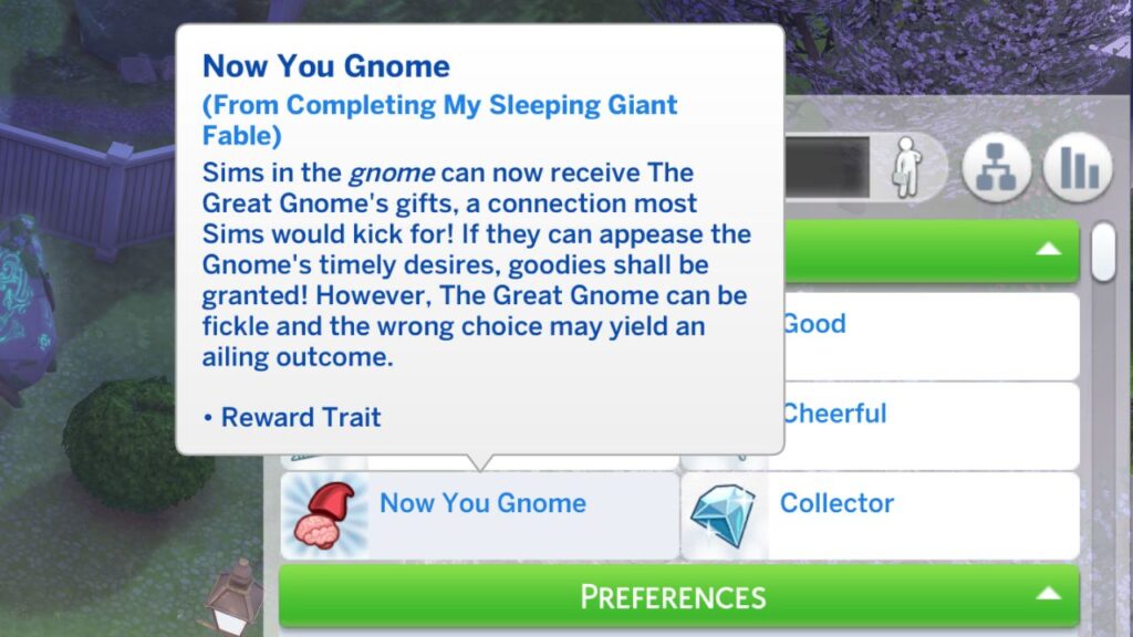 A screenshot from The Sims 4 showing the now you gnome trait 