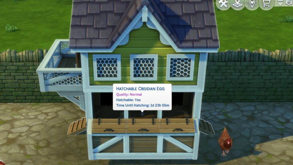 A screenshot from The Sims 4 showing a hatchable obsidian egg in a chicken coop
