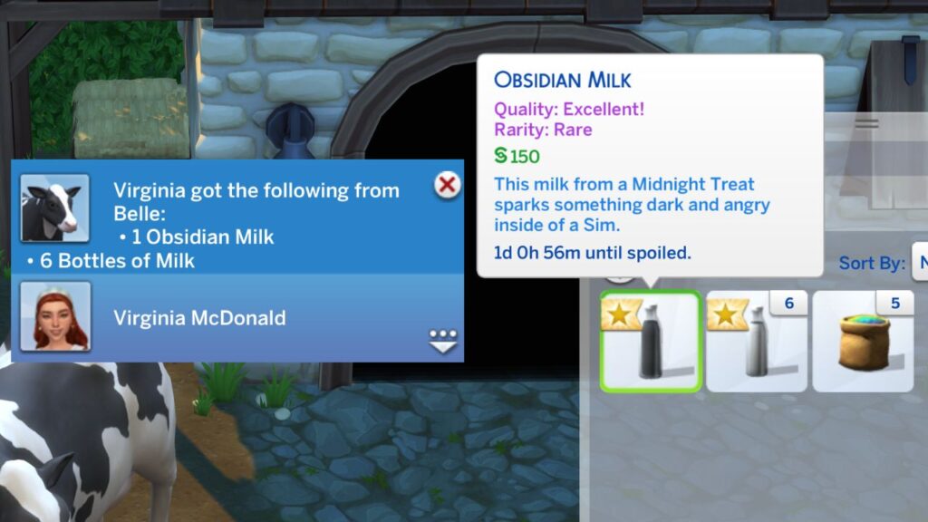 A screenshot from The Sims 4 showing obsidian milk in a sim's inventory 