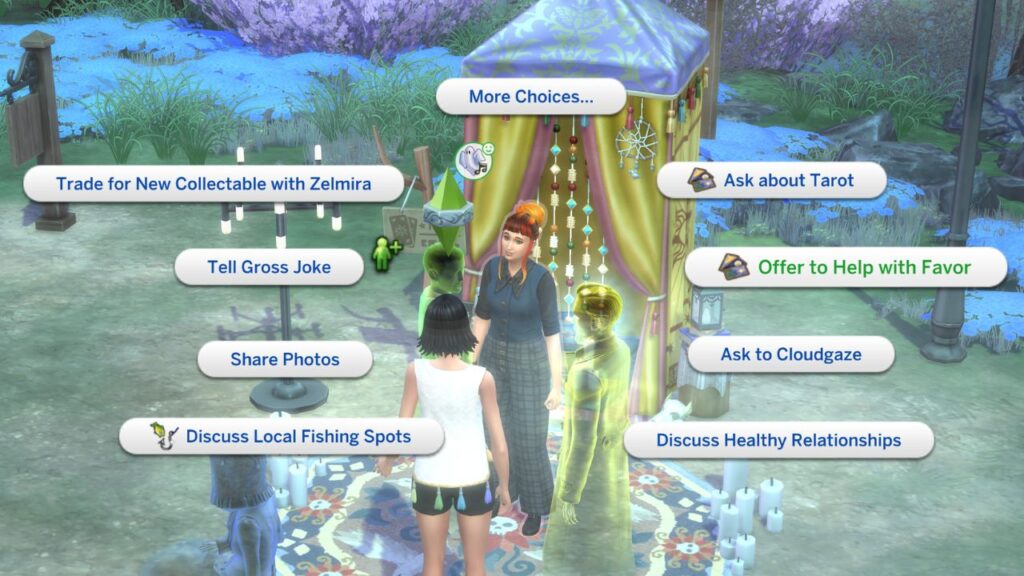A screenshot from The Sims 4 showing how to offer to help with favor to an order of Lenore member