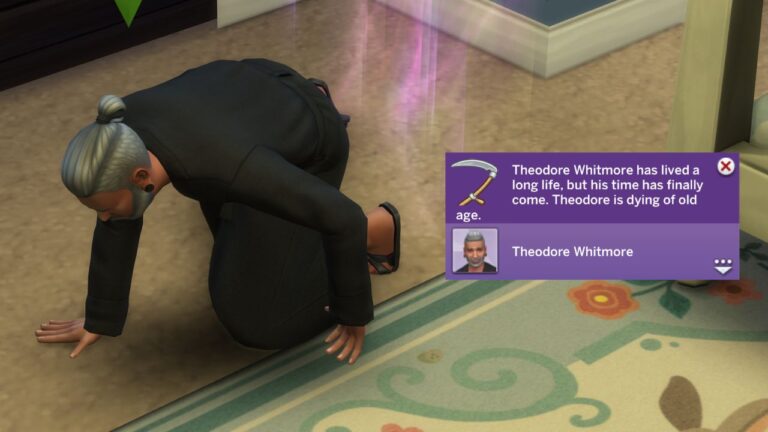 A screenshot from The Sims 4 showing an elder getting onto the floor to die from old age